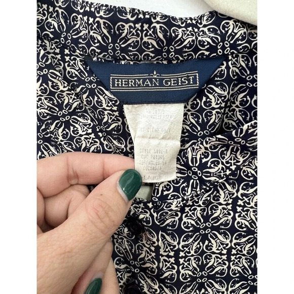Vtg Herman Geist Large Navy Blue Top Damask Tunic Long Sleeve Button Lagenlook - Picture 8 of 10